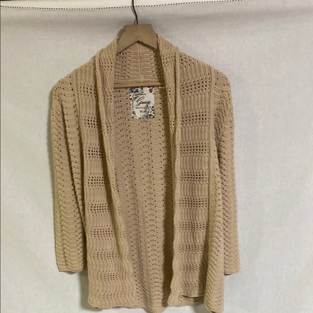 Guess Tan Open-Front Cardigan with Textured Knit Great Condition 100% Cotton